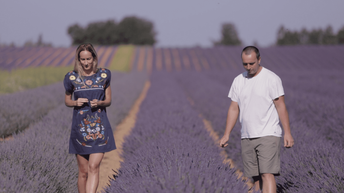 Firmenich Perfumer Elise Benat and lavender farmer, producer and member of the Coop SCA3P Jérôme Boen are seen in the lavender fields